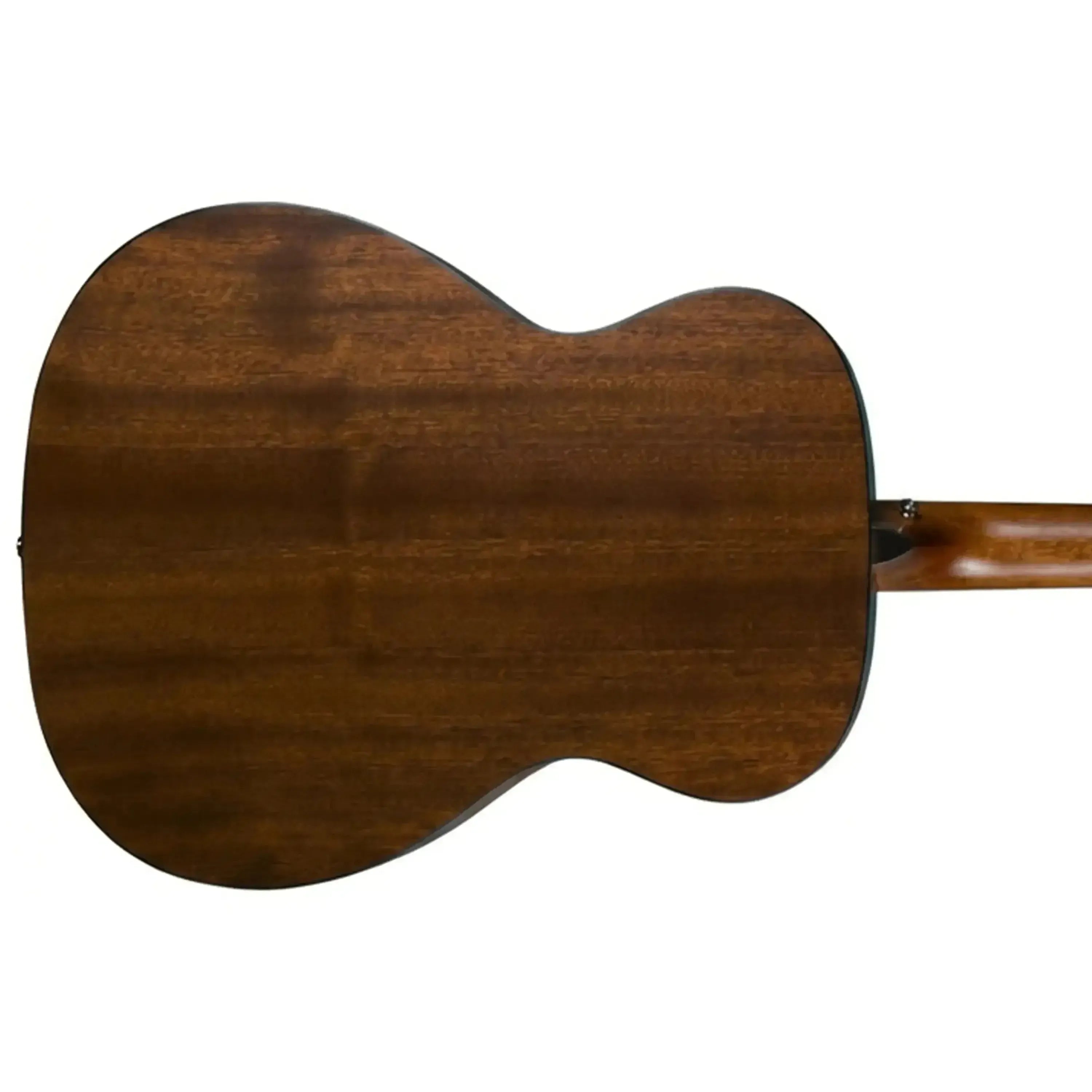 Bristol BM-15S 000 acoustic guitar, back view, natural semi-gloss mahogany wood grain finish.