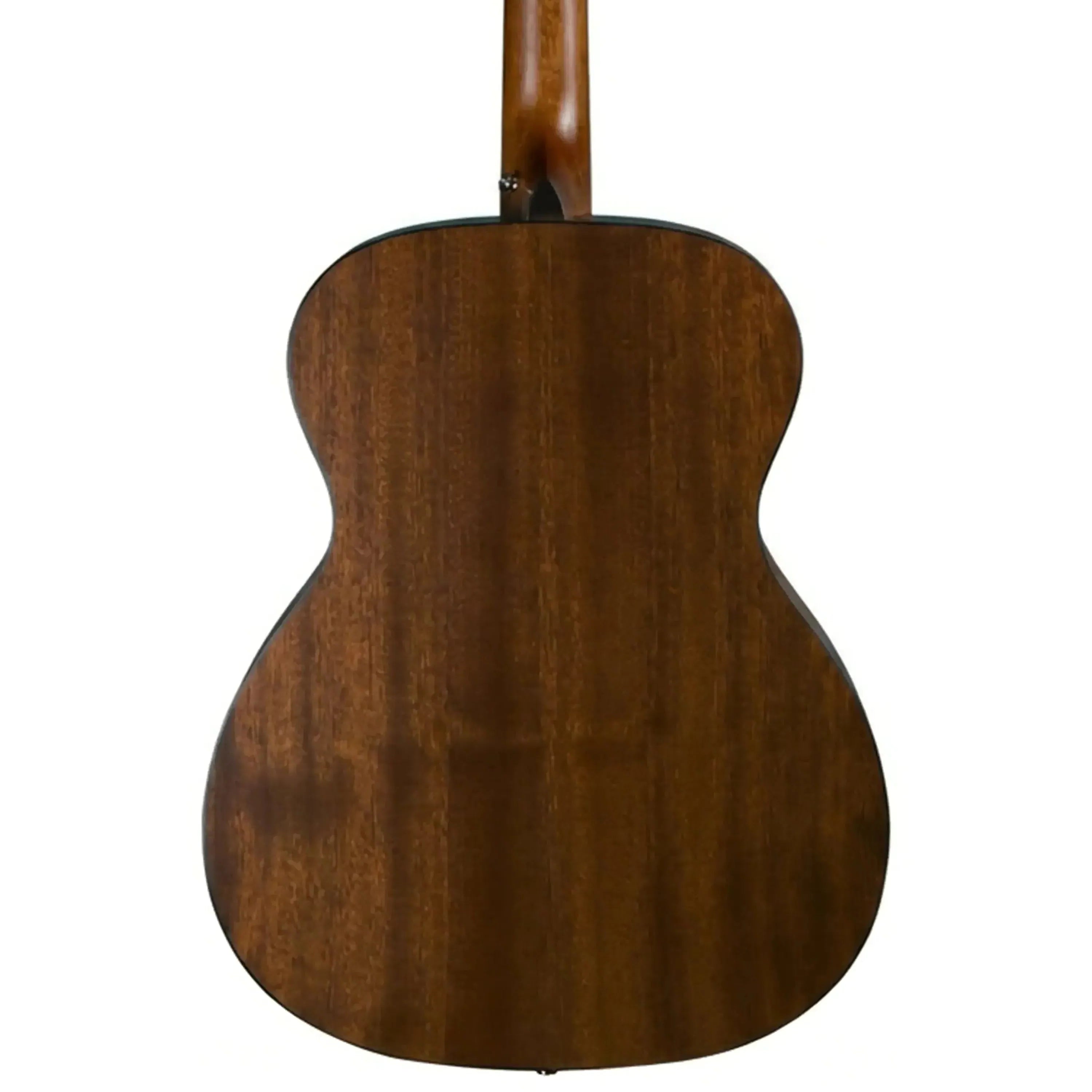 Bristol BM-15S 000 acoustic guitar, back view, natural semi-gloss mahogany wood grain finish.