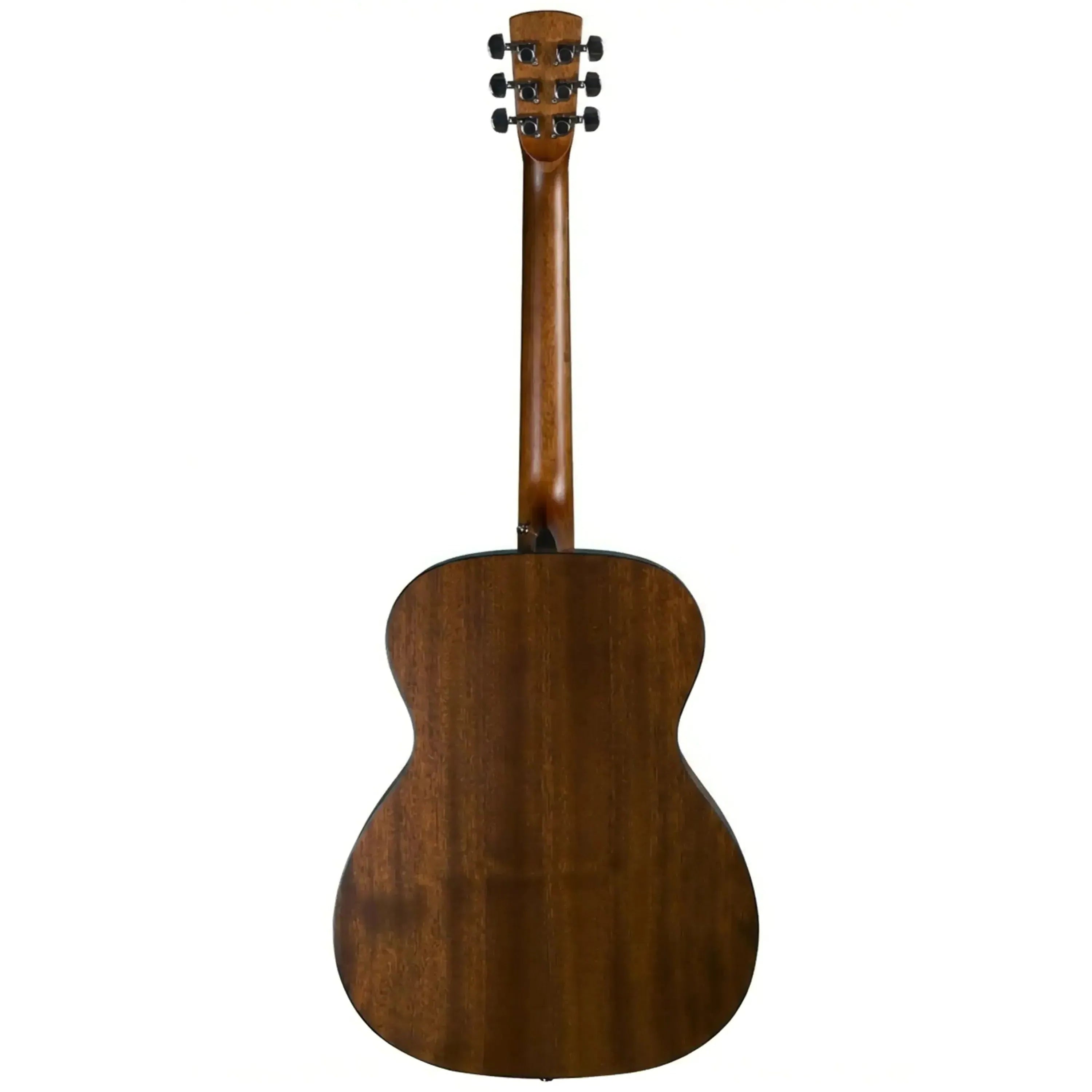 Bristol BM-15S 000 acoustic guitar, back view, natural semi-gloss mahogany finish.