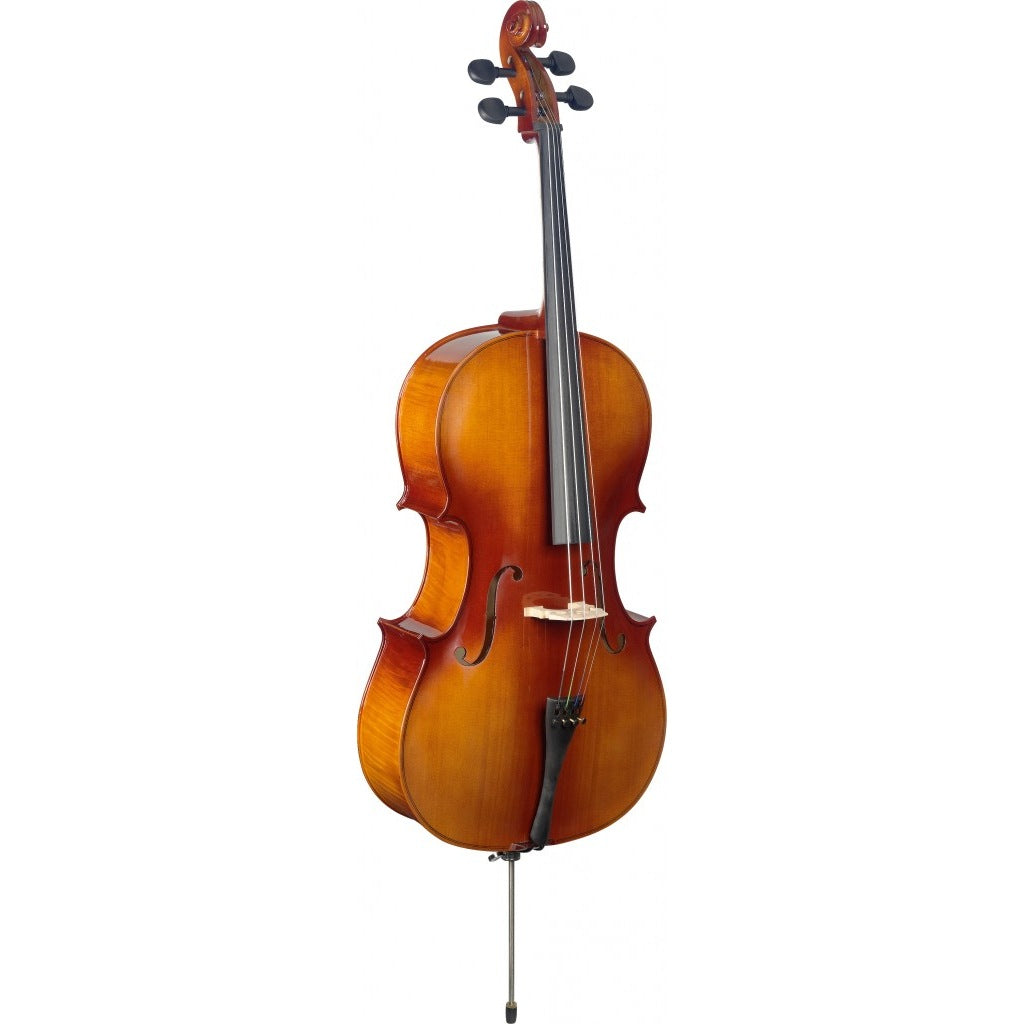 Stagg VNC-3/4 L 3/4 laminated maple cello with bag, front three-quarter view of the full cello with orange-brown spruce top, f-holes, black ebonized fittings and endpin