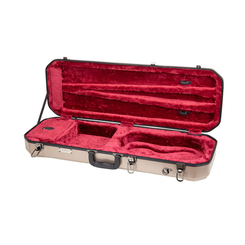 Empty Crossrock CRA860VFCH champagne violin case open, showing the red lining, bow holders, and accessory compartment.