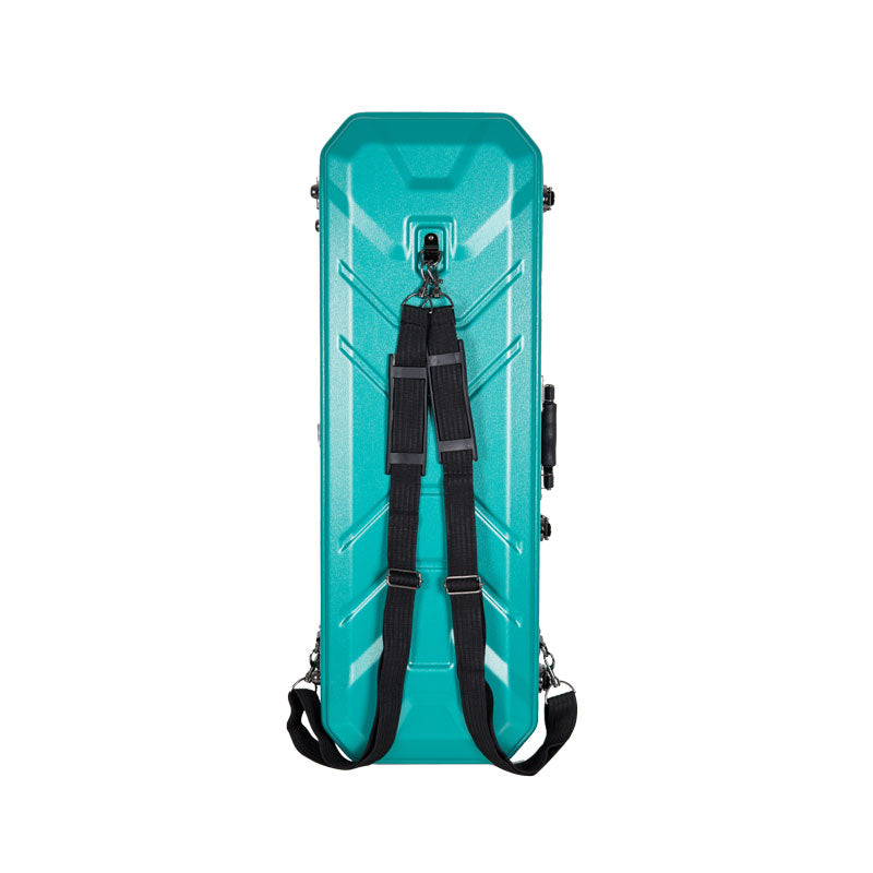 Back of the mint blue Crossrock CRA860VFMB violin case with the black padded backpack straps attached.
