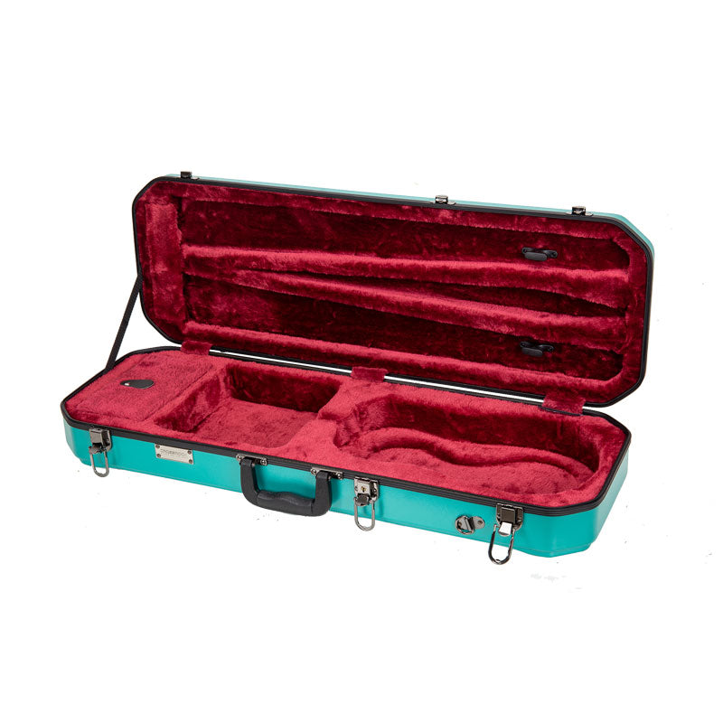 Empty Crossrock CRA860VFMB mint blue violin case open, showing the burgundy lining, bow holders, and accessory compartment.