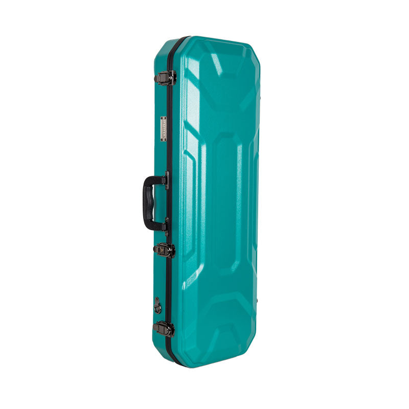 Crossrock CRA860VFMB mint blue violin case standing upright on its end, showing the side handle and latches.