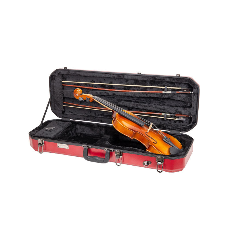 Crossrock CRA860VFRD red violin case open with a 4/4 violin and two bows in the black plush interior.