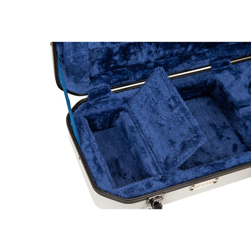 Close-up of the lidded accessory compartment inside the silver Crossrock CRA860VFSL, lined in royal-blue plush.