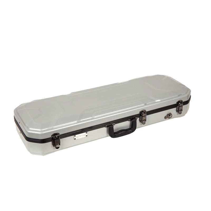 Silver Crossrock CRA860VFSL rectangular violin case closed, seen from the front with its latches, handle, and keyed lock.