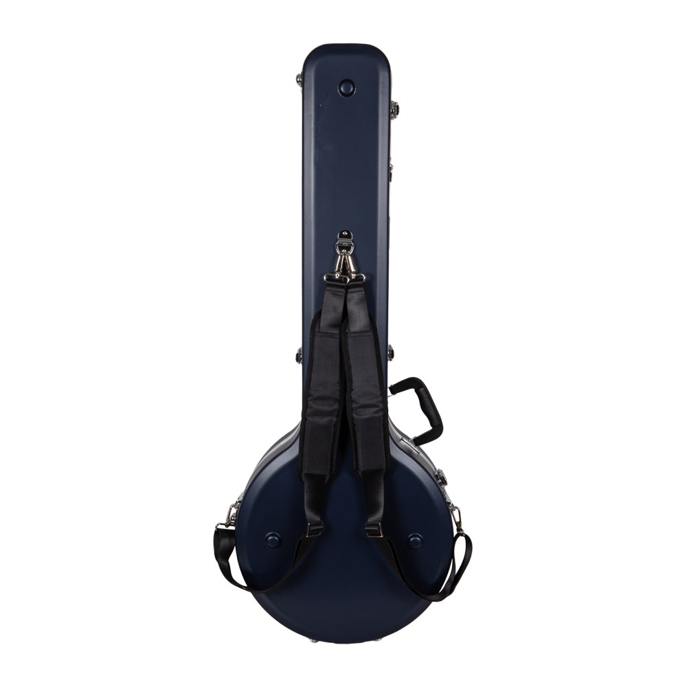 Back of the dark blue Crossrock CRA861BJBL banjo case with the padded backpack straps attached.
