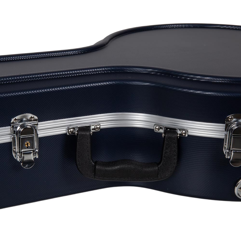 Close-up of the black handle and keyed metal latch on the textured dark blue ABS shell of the Crossrock CRA861BJBL.