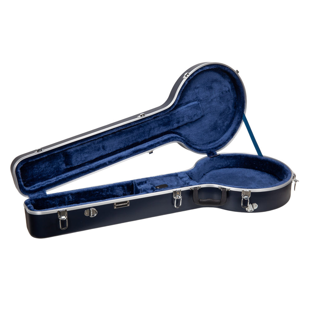 Empty Crossrock CRA861BJBL banjo case open, showing the royal-blue plush interior and neck cradle.