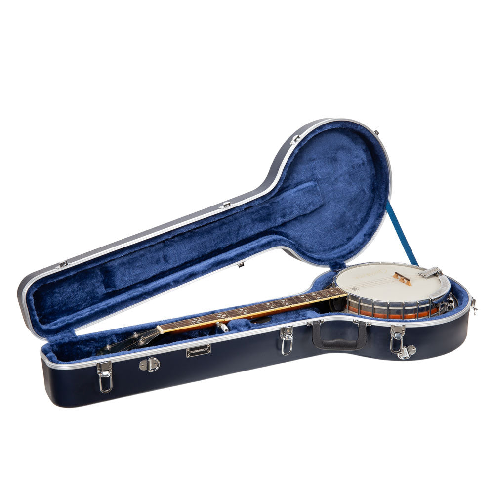 Crossrock CRA861BJBL dark blue banjo case open with a resonator banjo seated in the royal-blue interior.