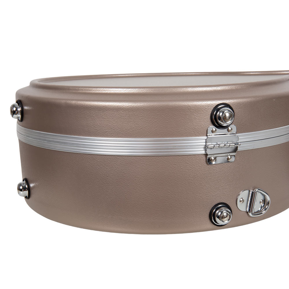 Close-up of the round body end of the champagne Crossrock CRA861BJCH showing the silver trim, hinge, and strap mounts.