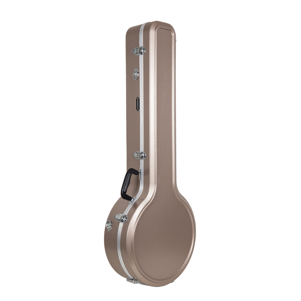 Crossrock CRA861BJCH champagne ABS banjo case standing upright, closed, with silver trim and side handle.
