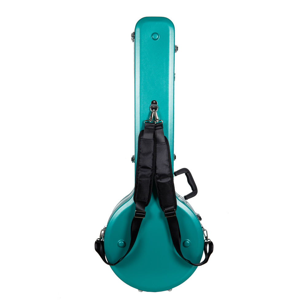 Back of the mint blue Crossrock CRA861BJMB banjo case with the padded backpack straps attached.