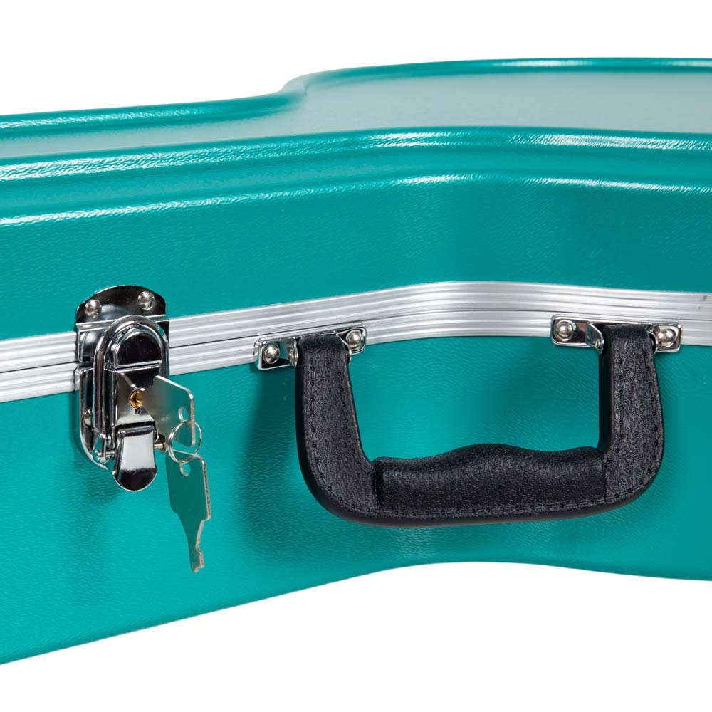 Close-up of the black handle and keyed metal latch, with keys, on the mint blue Crossrock CRA861BJMB shell.