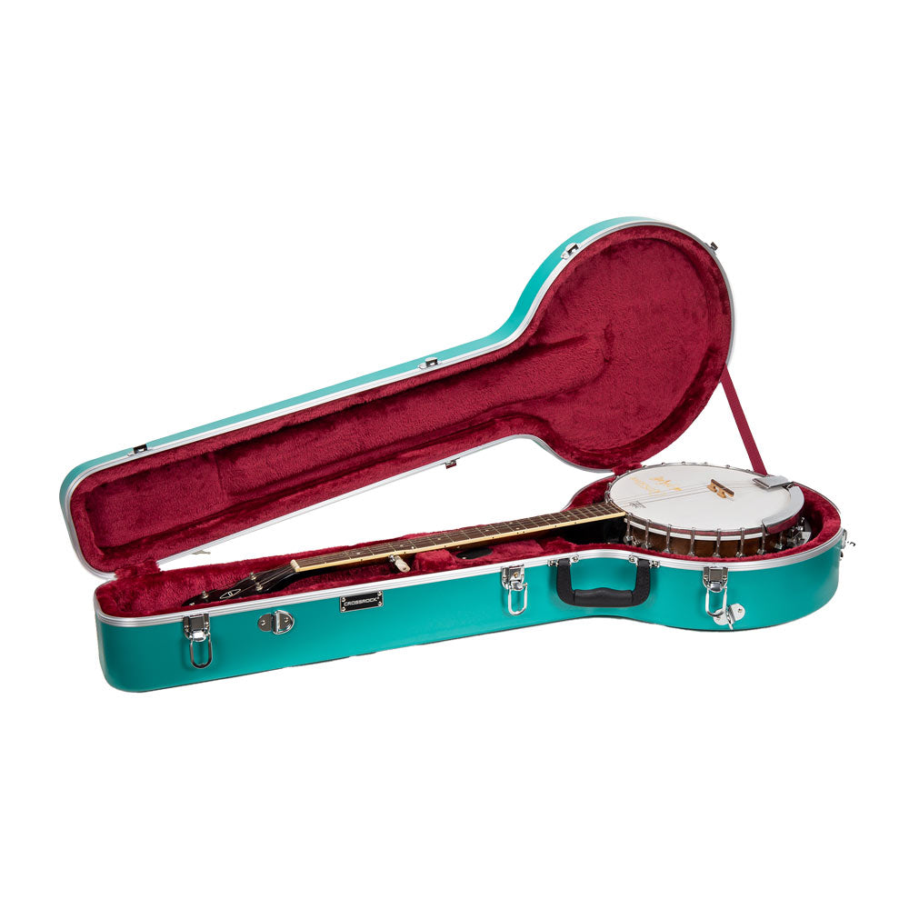 Crossrock CRA861BJMB mint blue banjo case open with a resonator banjo seated in the burgundy interior.