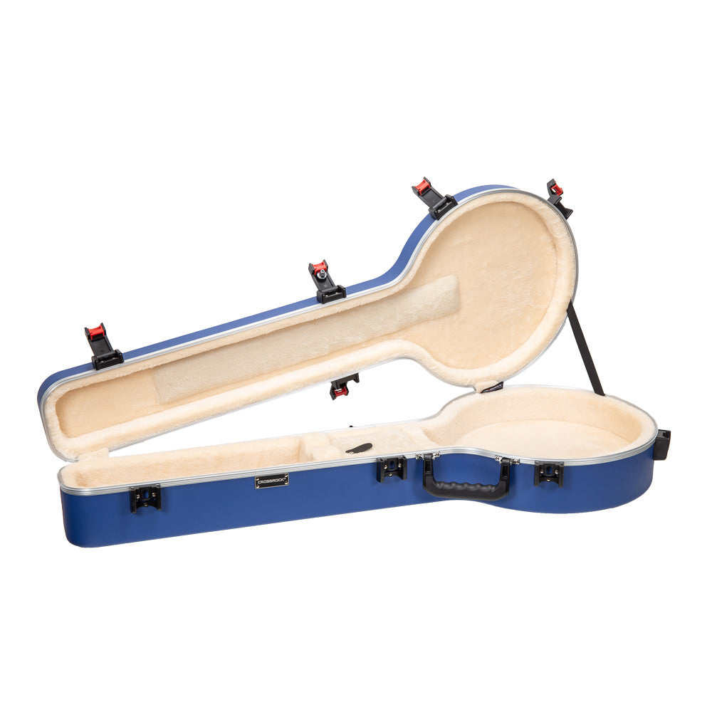 Crossrock CRA980BJVB Vibrant Blue banjo case open and empty, showing the cream plush interior and red-tipped latches.