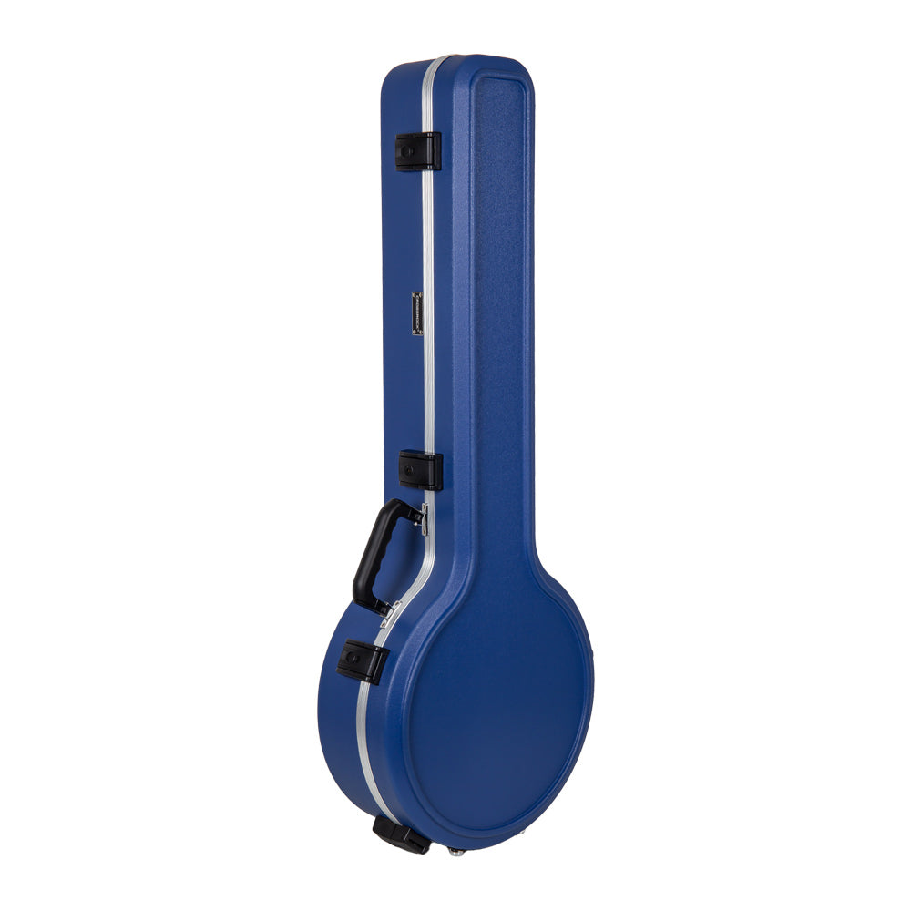 Crossrock CRA980BJVB Vibrant Blue ABS banjo case standing upright, showing the latches and black ergonomic handle.