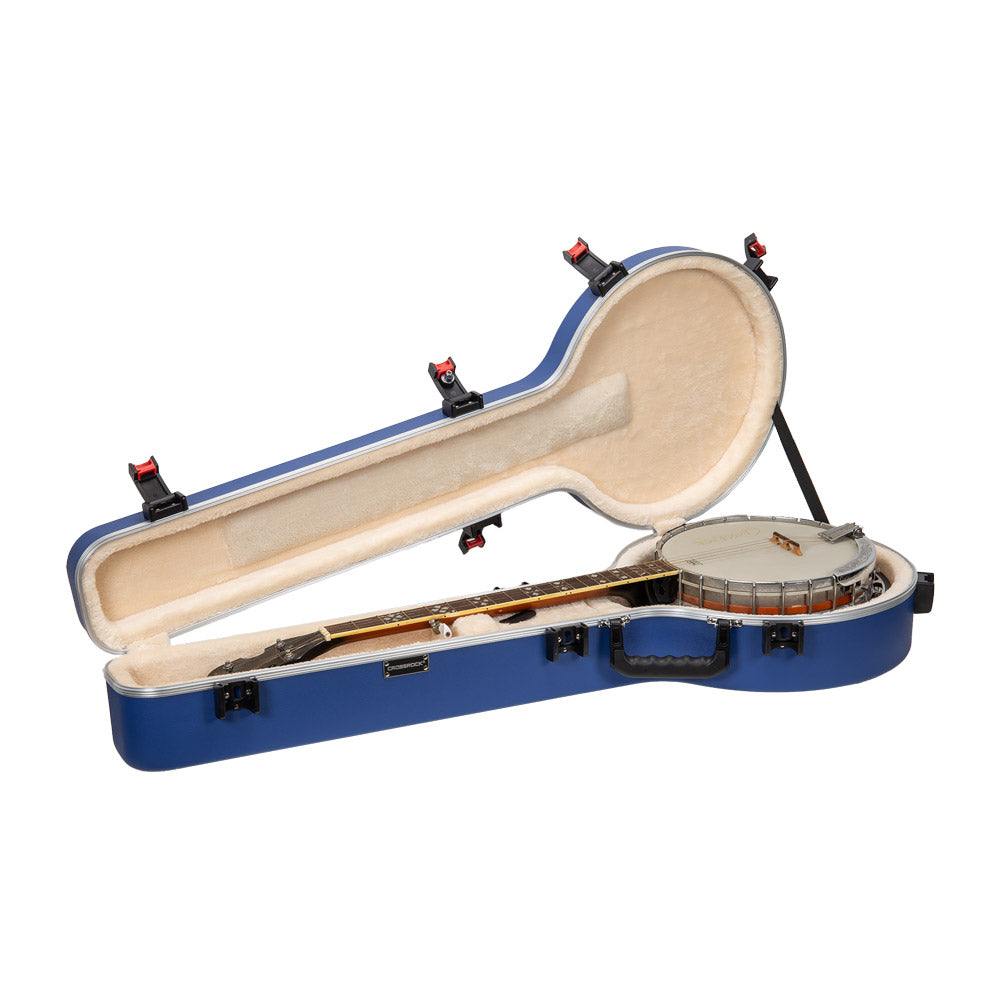 Crossrock CRA980BJVB Vibrant Blue case open with a resonator banjo seated in the cream plush interior.