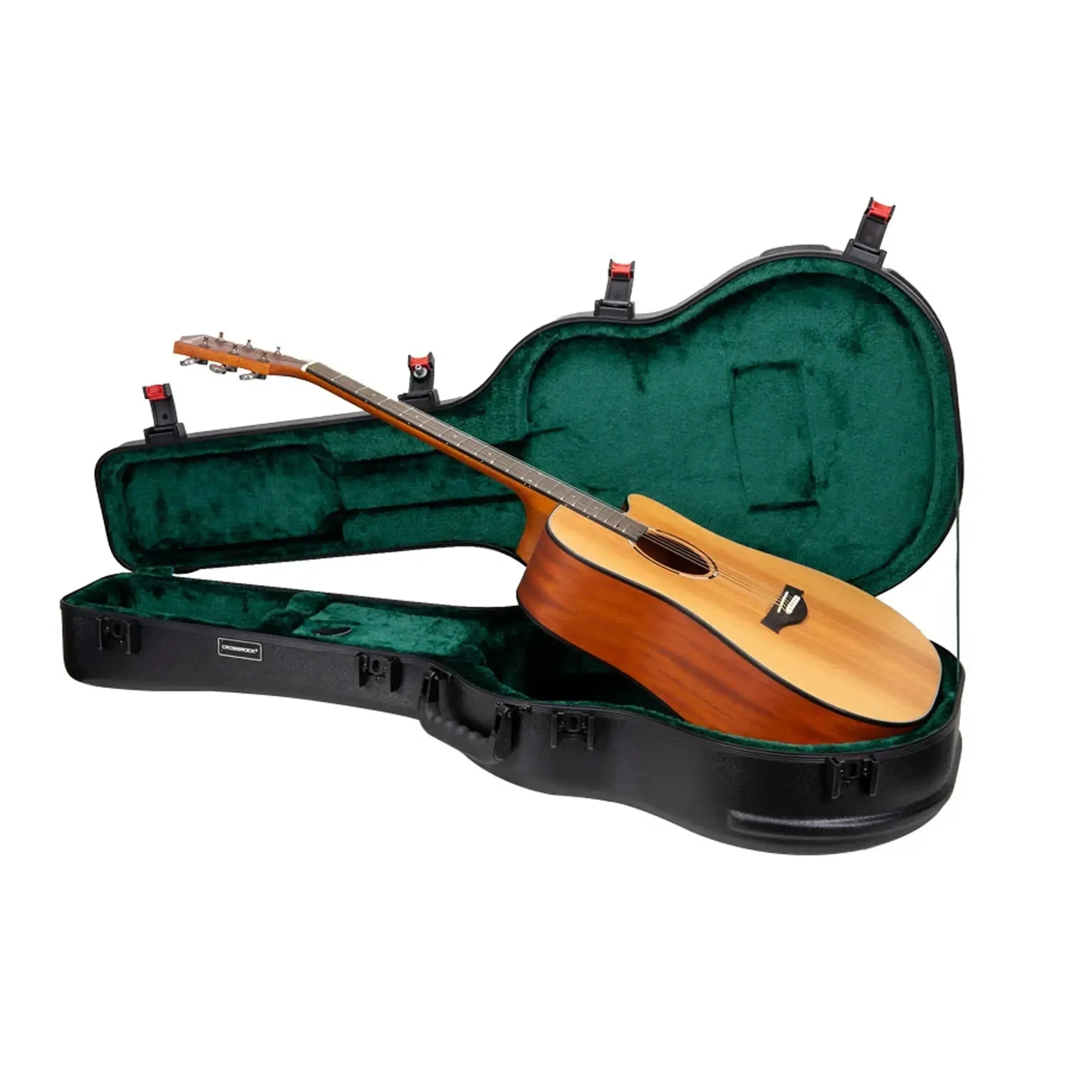 Black Crossrock CRA980D ABS jumbo dreadnought guitar case with green interior, holding a light wood acoustic guitar.