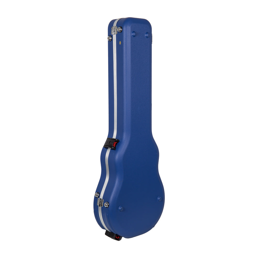 Rear view of the Crossrock CRA980LVB Vibrant Blue Les Paul case showing the hinges, protective feet, and TSA lock latch.