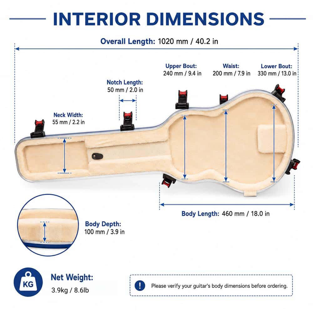 Interior dimensions diagram for the Crossrock CRA980L Les Paul case, shown in Vibrant Blue.
