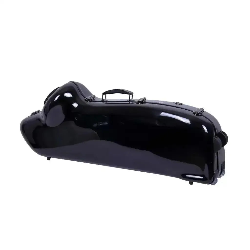 Crossrock black fiberglass baritone saxophone case with handle and wheels.