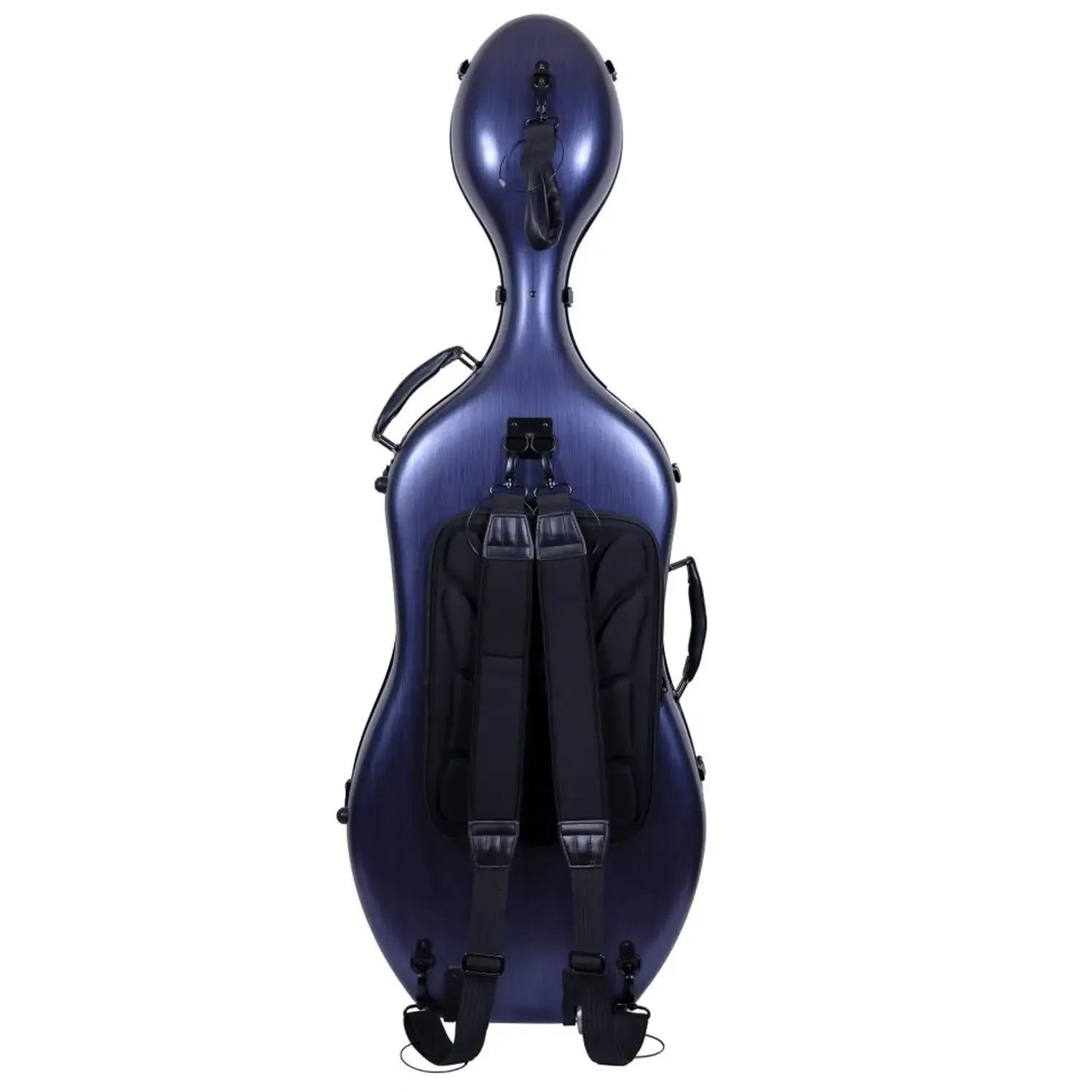 Crossrock CRF1020CEFHT 4/4 cello case in blue polycarbonate with backpack straps and wheels.