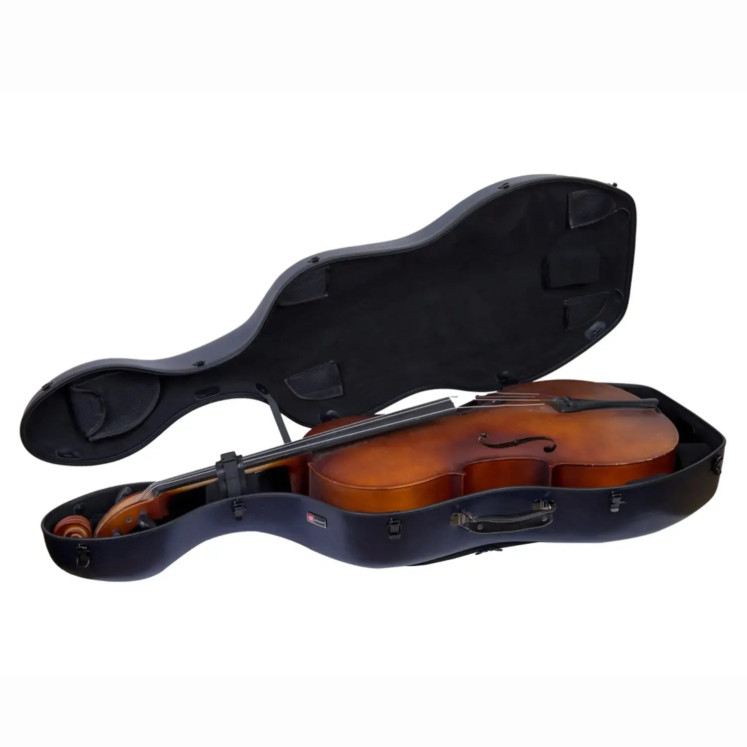 Crossrock CRF1020CEFHT blue polycarbonate 4/4 cello case, open with a cello inside.