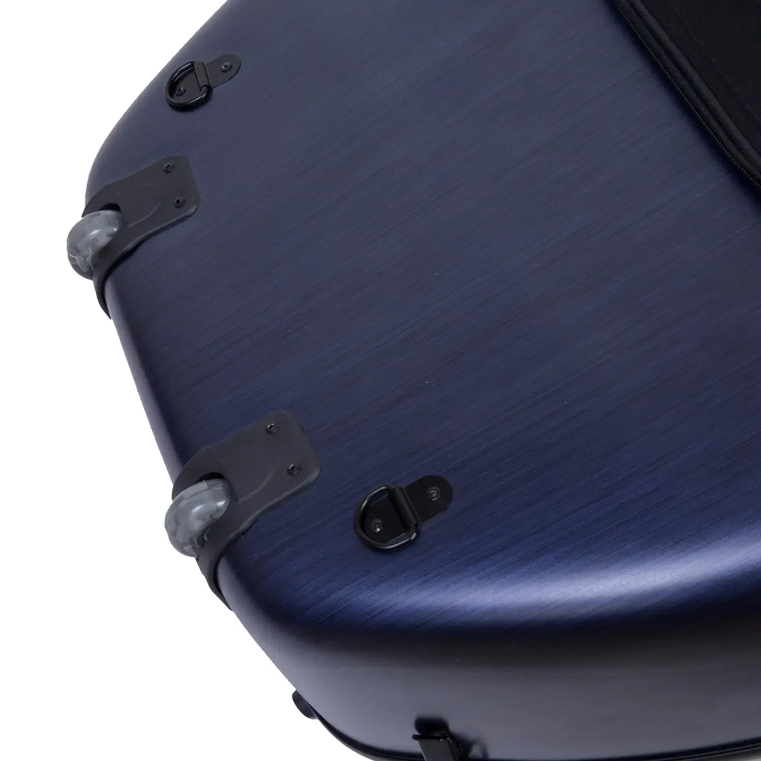 Crossrock CRF1020CEFHT 4/4 cello case in blue polycarbonate with smooth-rolling wheels and black hardware.