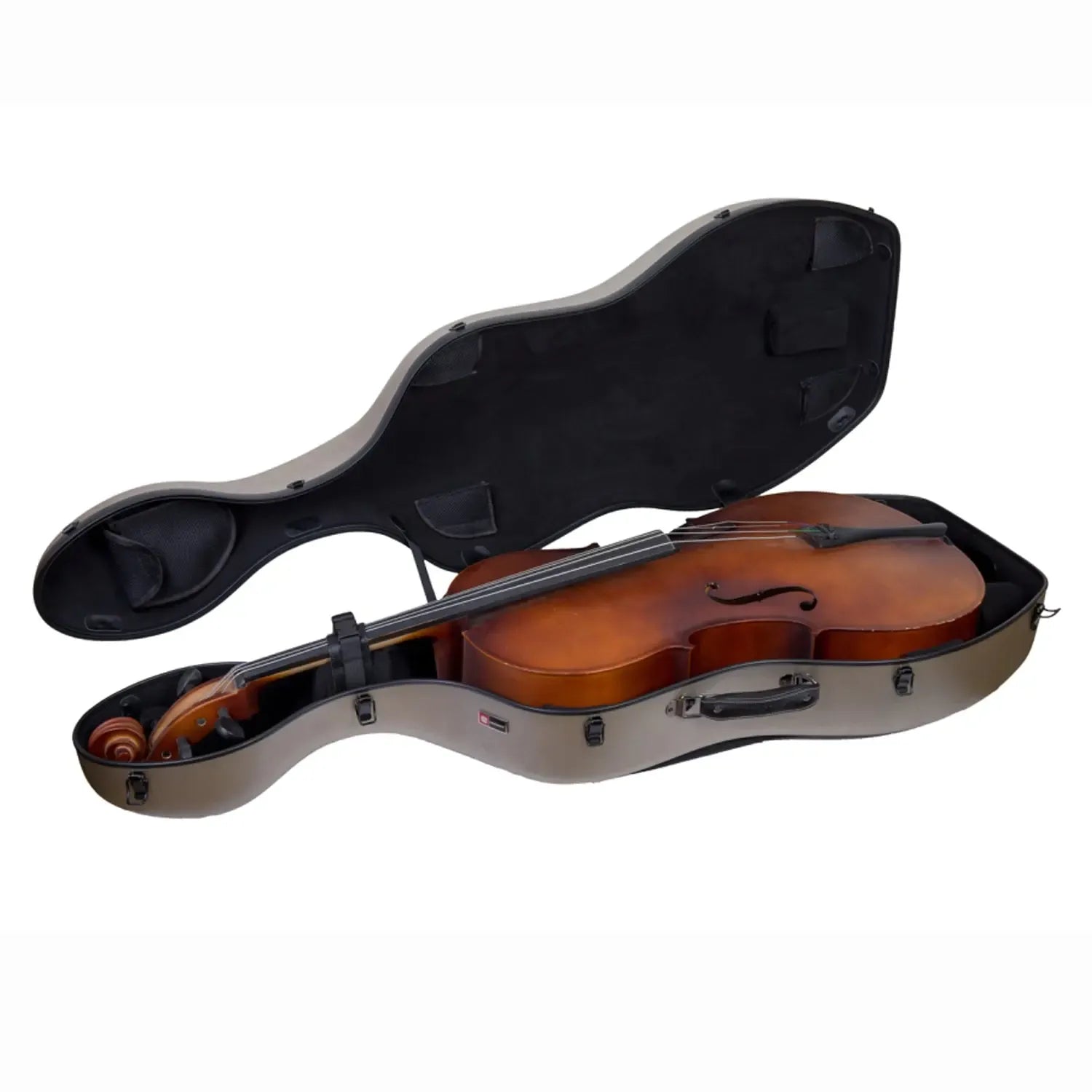Crossrock CRF1020CEFHT champagne polycarbonate 4/4 cello case open with a cello inside.