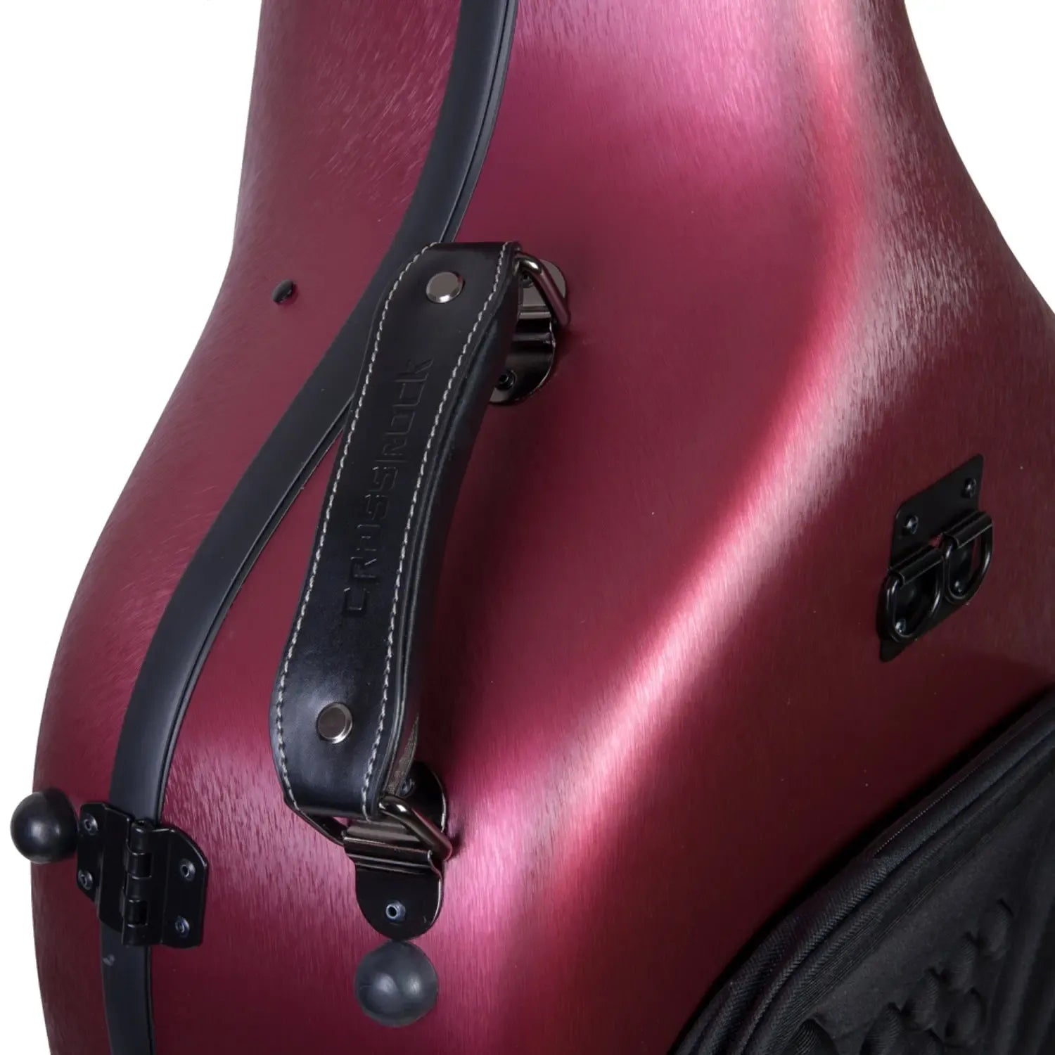 Crossrock CRF1020CEFHT 4/4 cello case in red polycarbonate with black leather handle and trim.