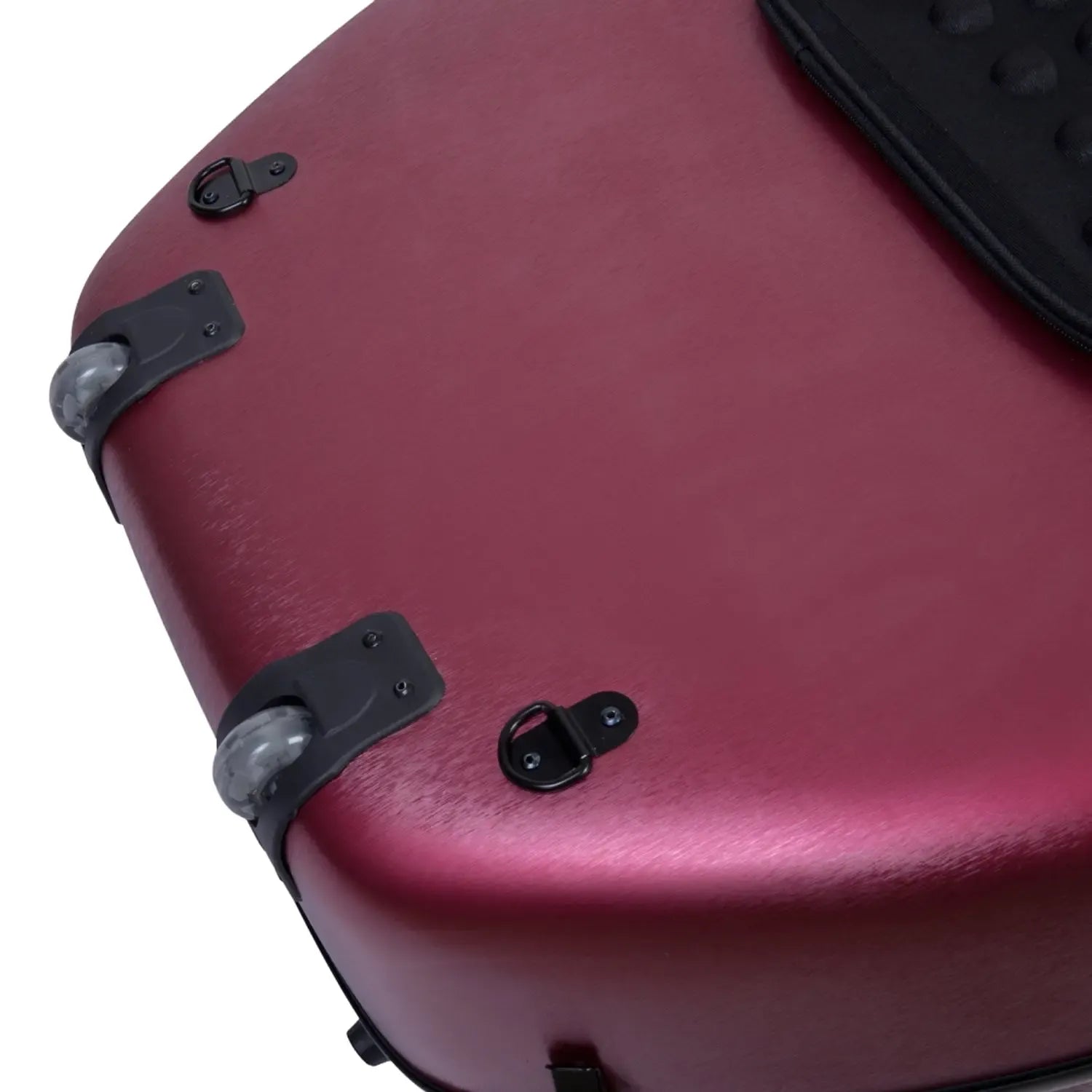 Crossrock CRF1020CEFHT 4/4 cello case in red polycarbonate, showing wheels and D-rings.