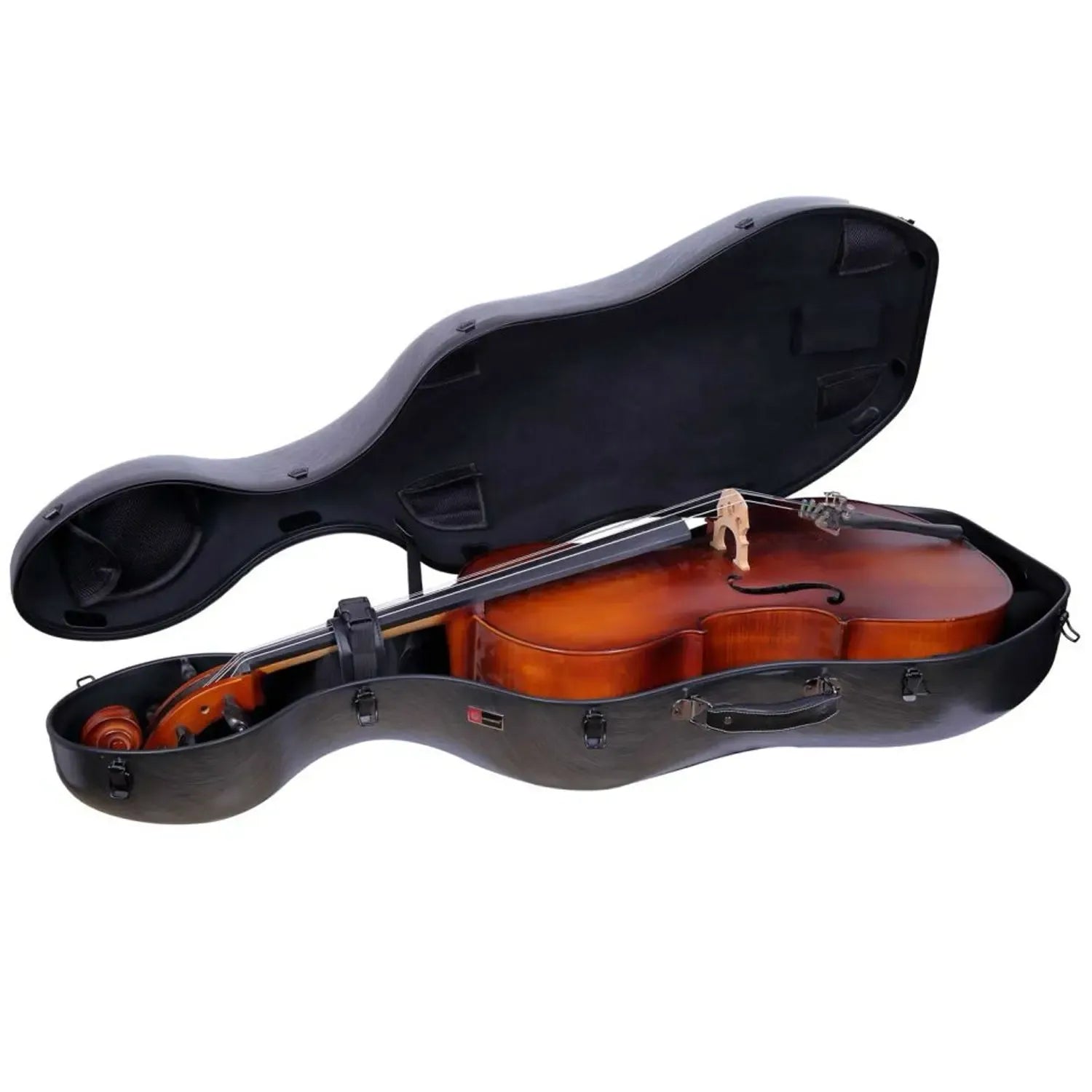 Crossrock CRF1020CET-HT black polycarbonate 3/4 cello case, open with a cello inside.
