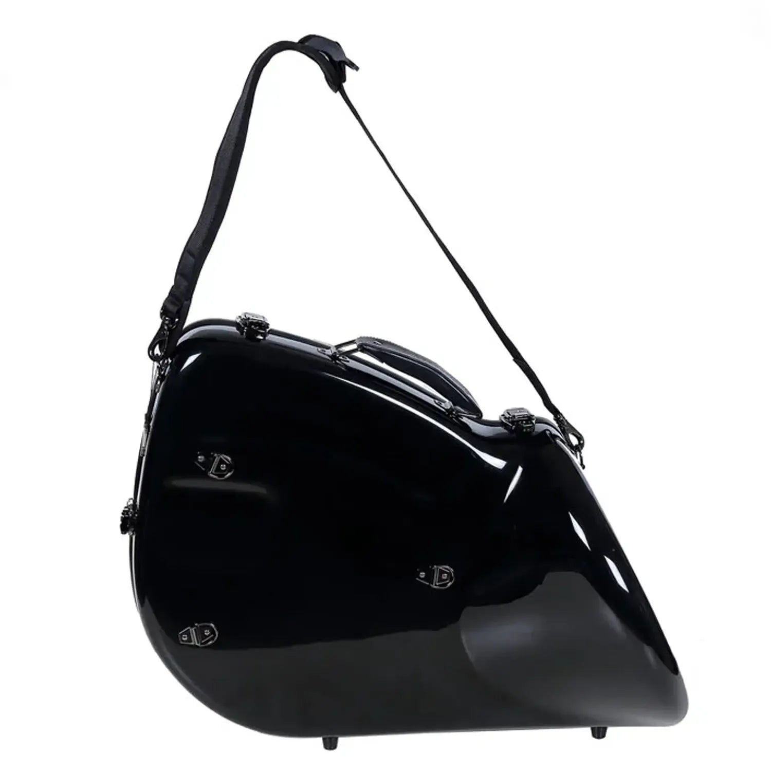 Crossrock CRF1020FHU black glossy fiberglass French horn case with shoulder strap.