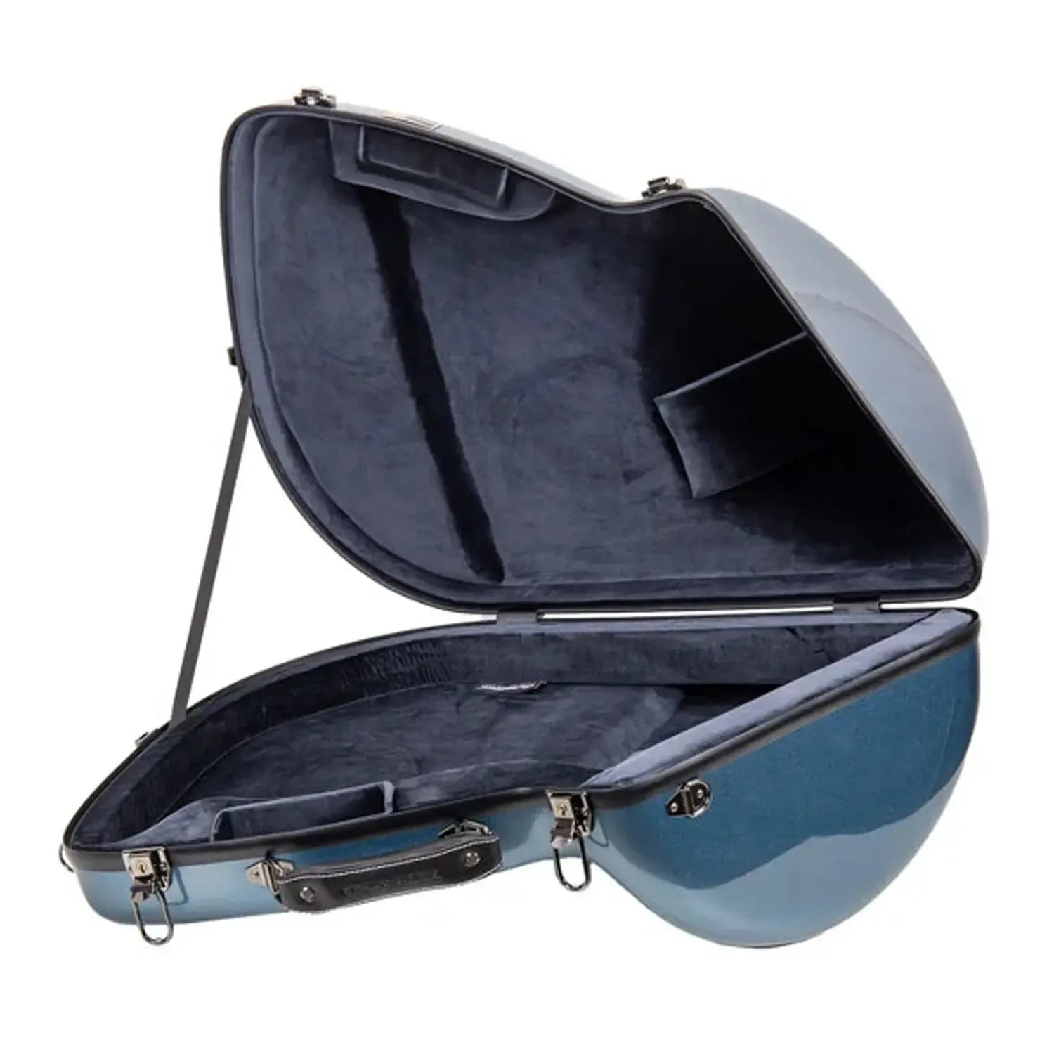 Crossrock CRF1020FHU blue fiberglass French horn case, open with dark grey lining.