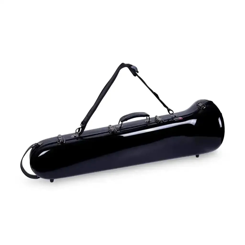 Crossrock black fiberglass tenor trombone case with shoulder strap and handle.
