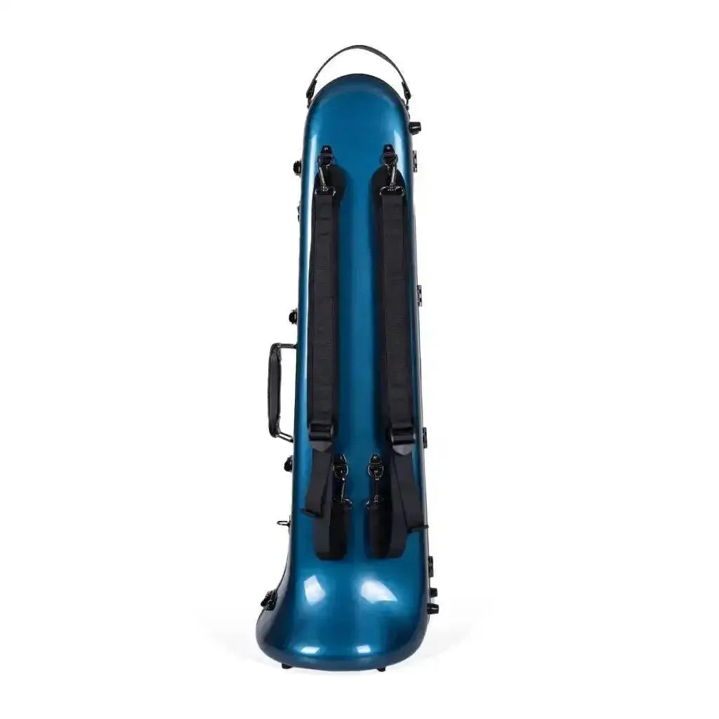 Crossrock blue fiberglass tenor trombone case with backpack straps and handles.