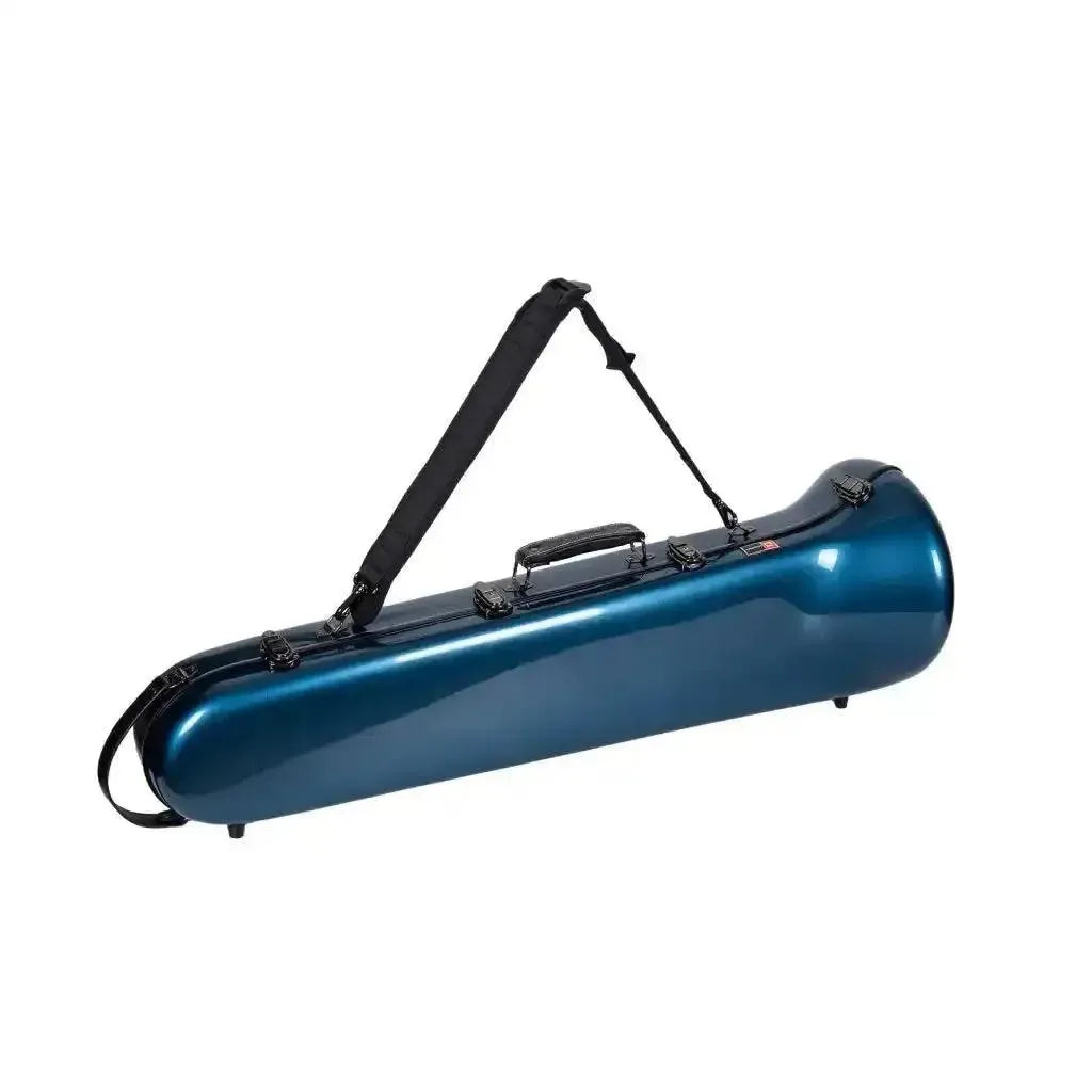 Crossrock blue fiberglass tenor trombone case with shoulder strap.