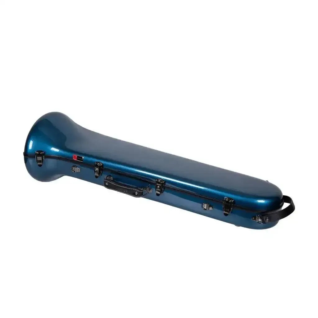 Crossrock blue fiberglass tenor trombone case with black latches and handle.