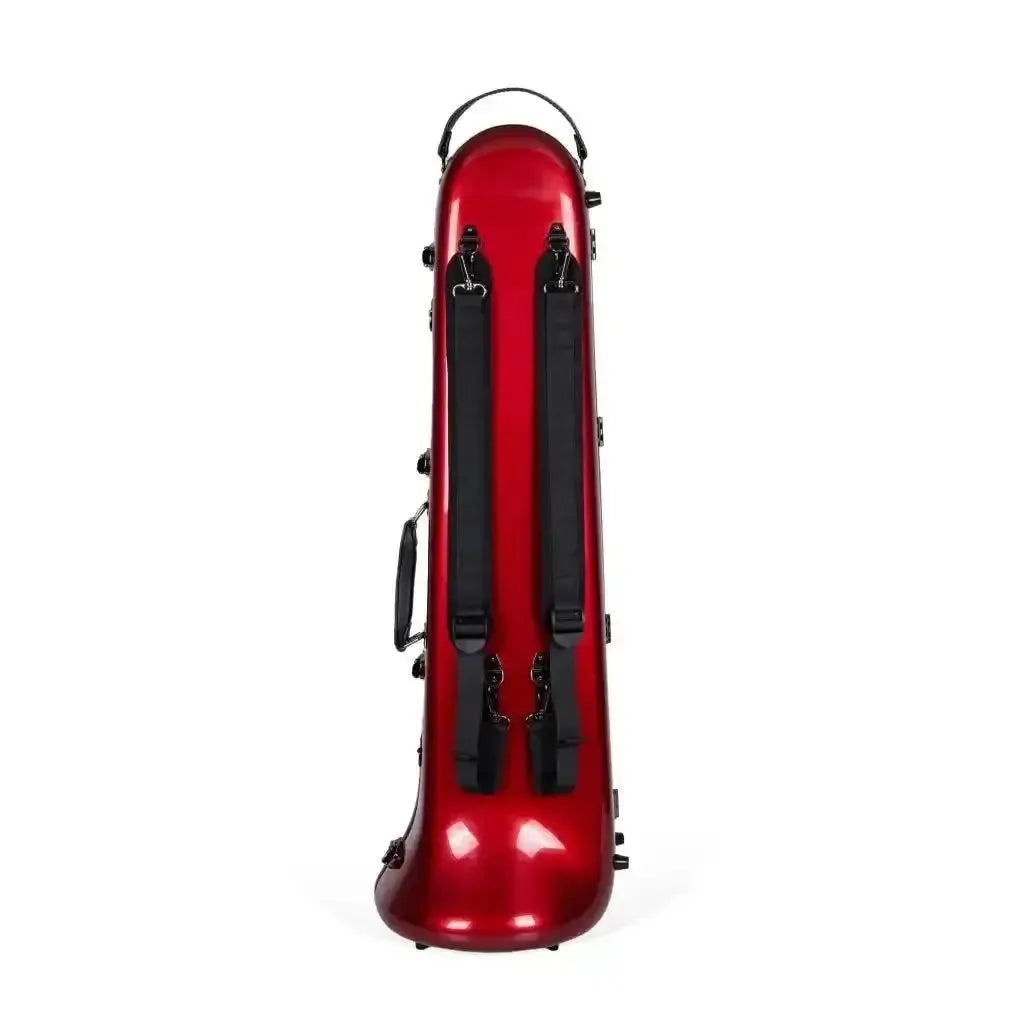 Crossrock red fiberglass tenor trombone case with black backpack straps and handles.