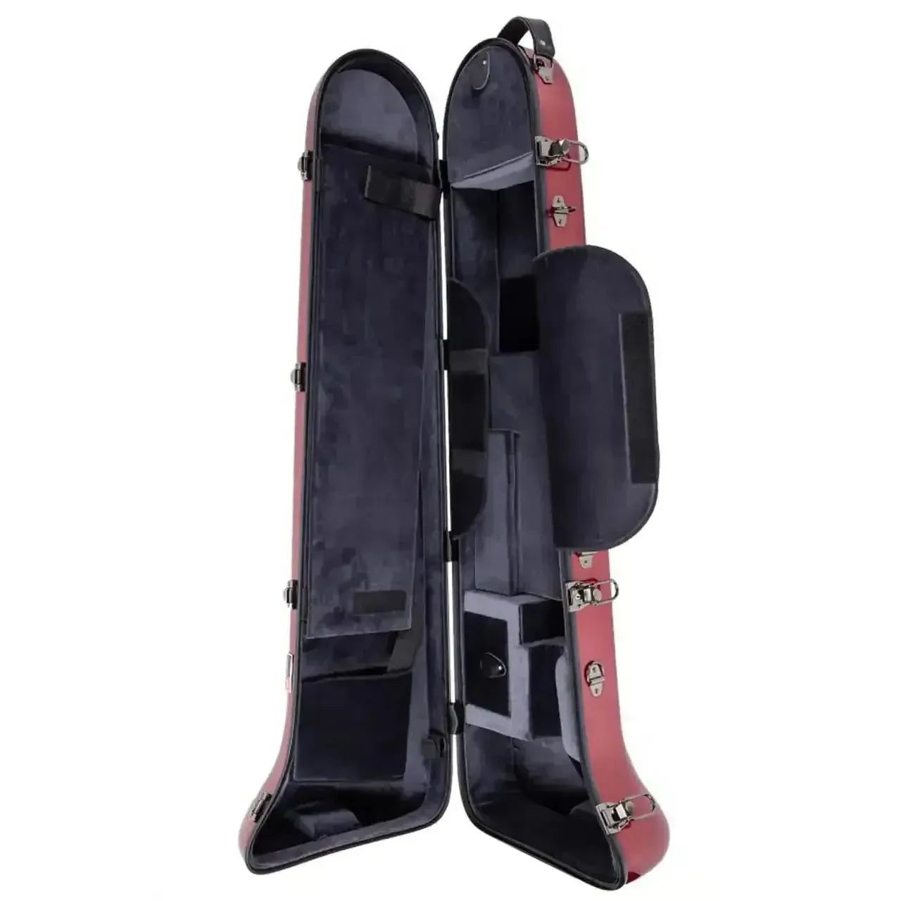 Open Crossrock red fiberglass tenor trombone case with plush gray lining and accessory compartments.