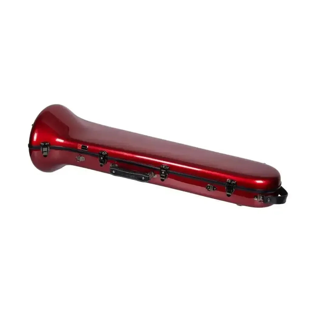 Crossrock red fiberglass tenor trombone case with black latches and handles.