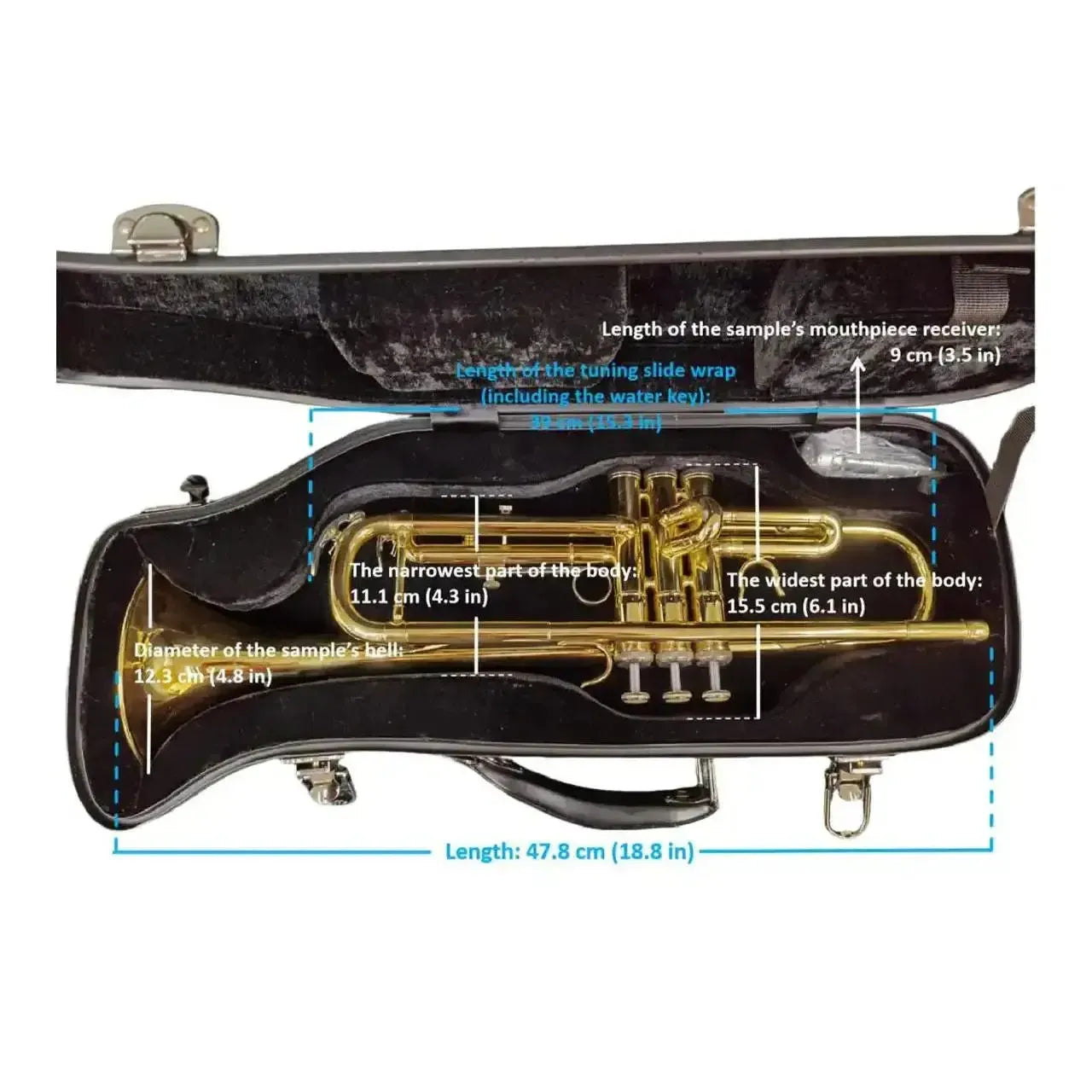Crossrock black fiberglass trumpet case with a gold trumpet inside, showing dimensions.
