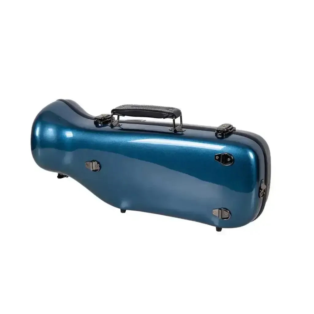 Crossrock CRF1020TR-BL blue fiberglass trumpet case with black handle and latches, featuring a TSA lock.