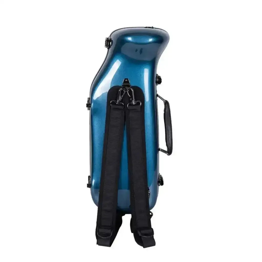 Crossrock CRF1020TR-BL blue fiberglass trumpet case with backpack straps and handle.