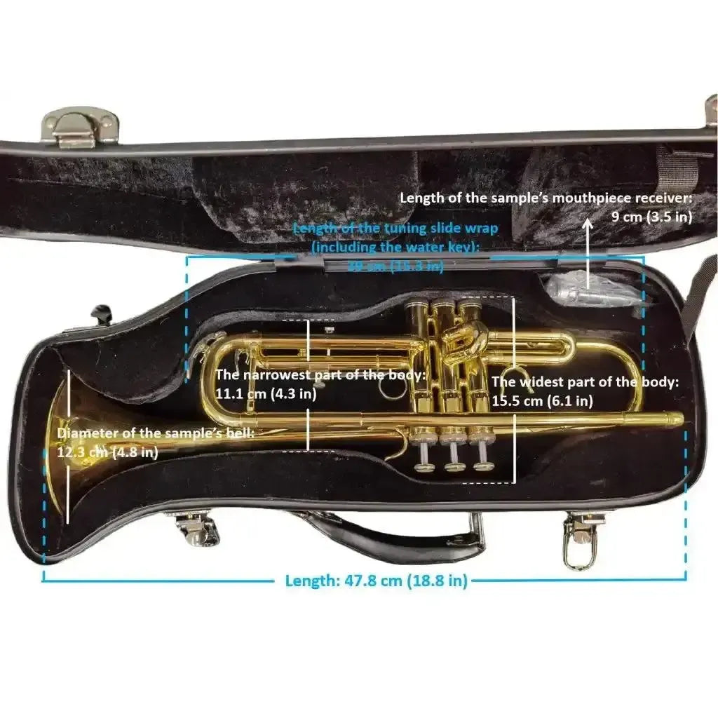 Open Crossrock CRF1020TR-BL blue fiberglass trumpet case with a gold trumpet inside, showing dimensions.