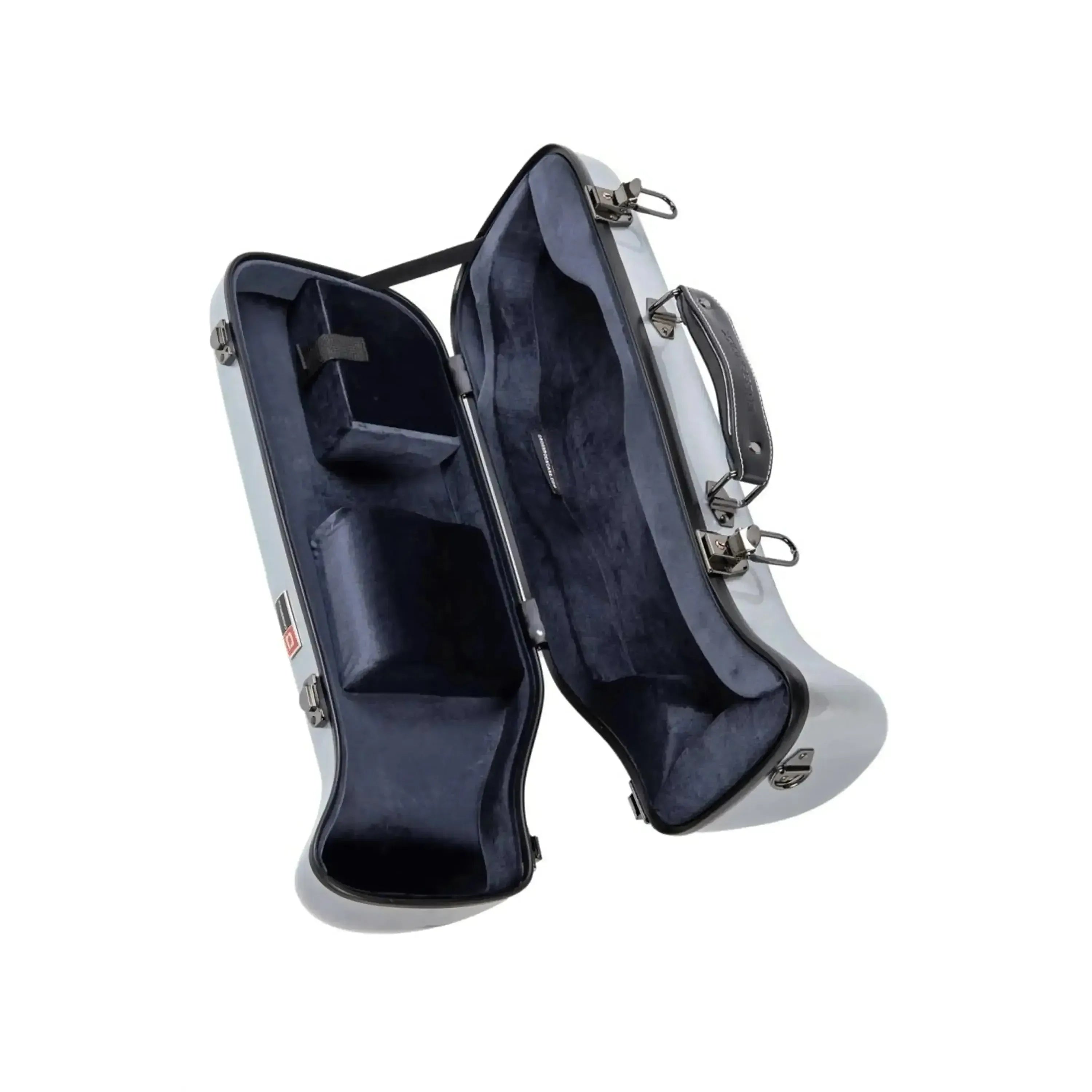 Crossrock silver fiberglass trumpet case, open, showing soft grey interior, handle, and latches.