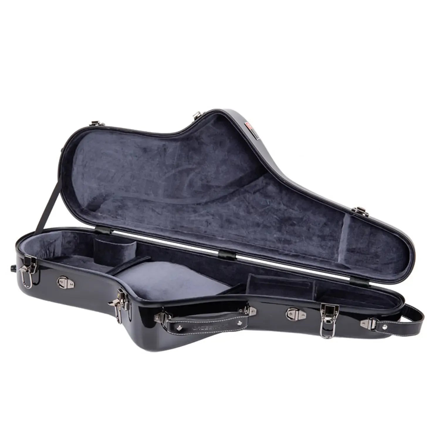 Crossrock CRF1020TS black glossy fiberglass tenor saxophone case, open with dark grey lining.