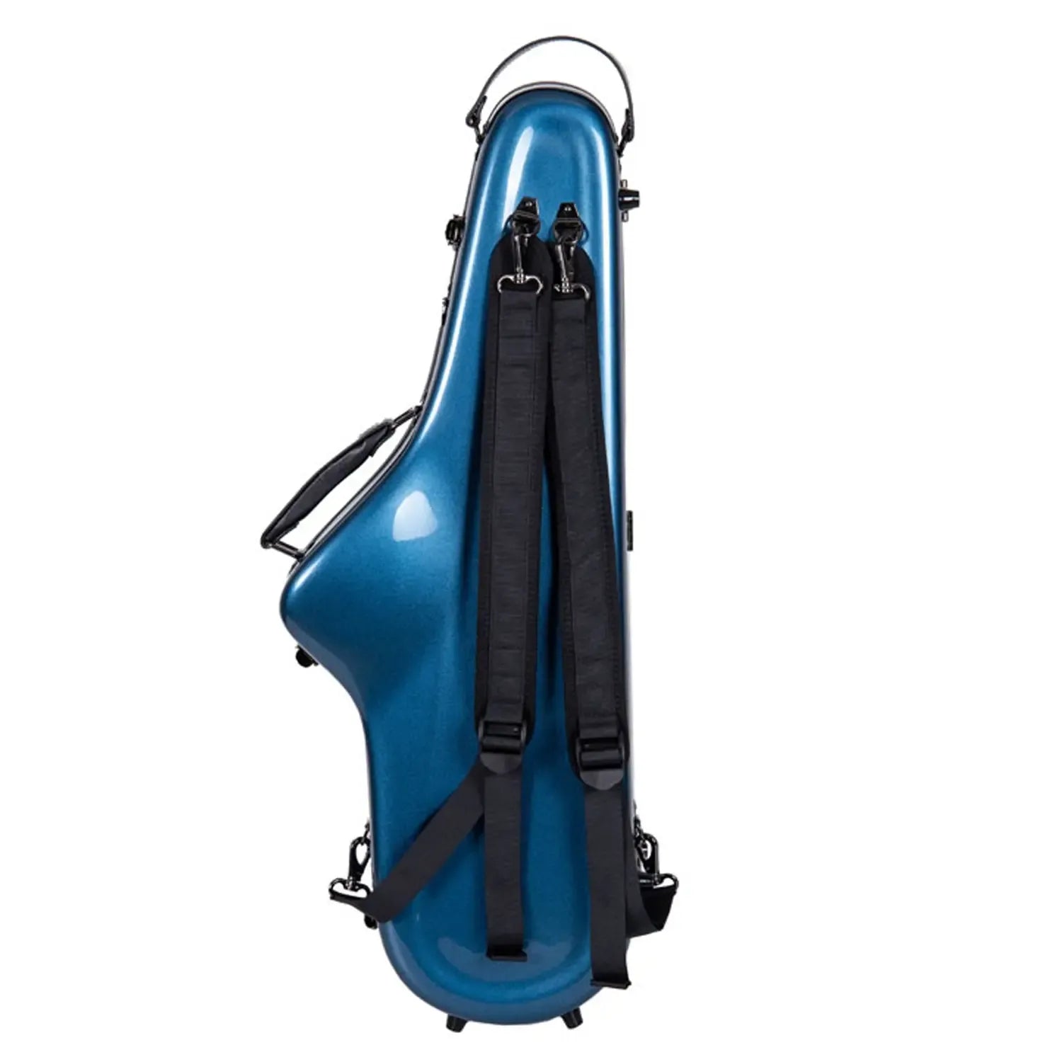 Crossrock CRF1020TS blue fiberglass tenor saxophone case with black backpack straps.